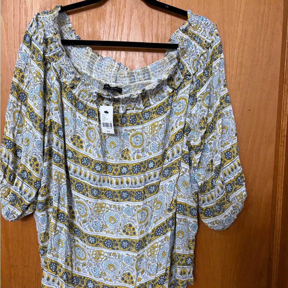 Lane Bryant Yellow & Gray Patterned Off-Shoulder Tunic